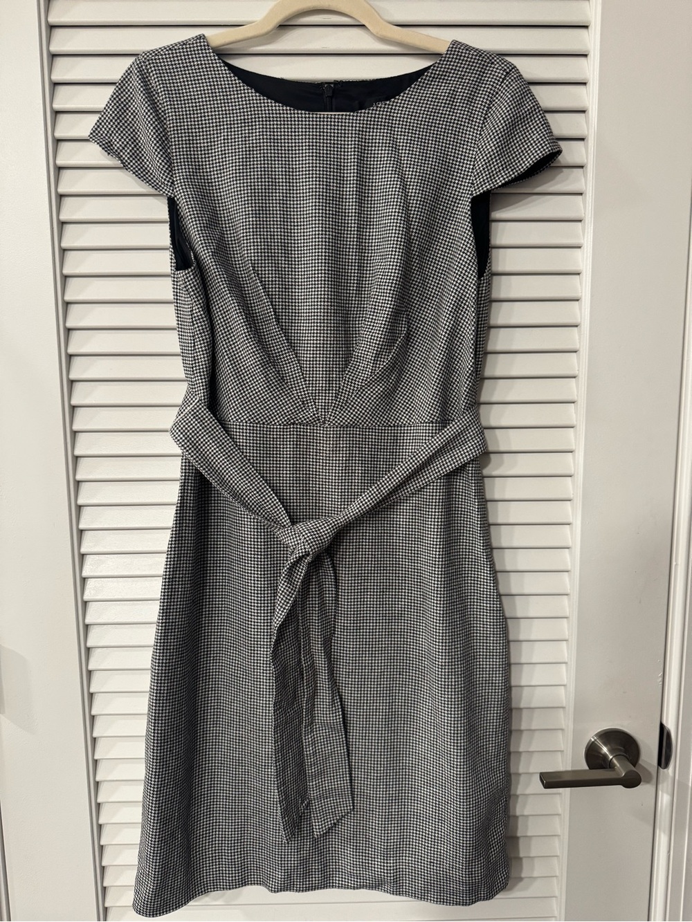 J. Crew Black & White Houndstooth Tie-Waist Midi Dress